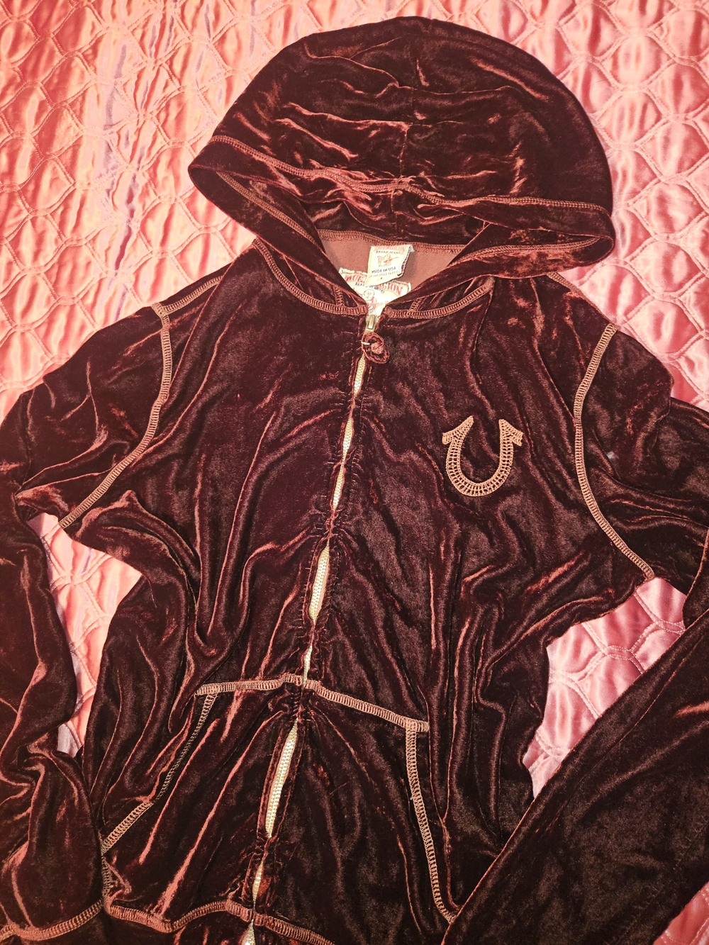 True Religion Jeans Burgundy Red Velour Hoodie